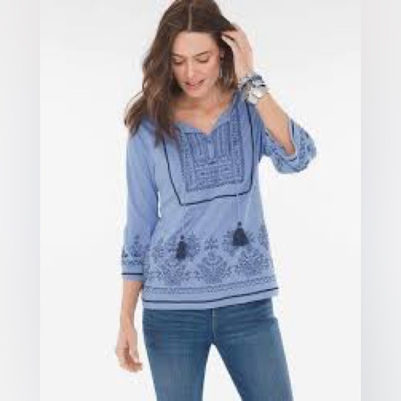 Chico’s blue embroidered & beaded 3/4 sleeve boho 100% cotton blouse, large. - Picture 1 of 14